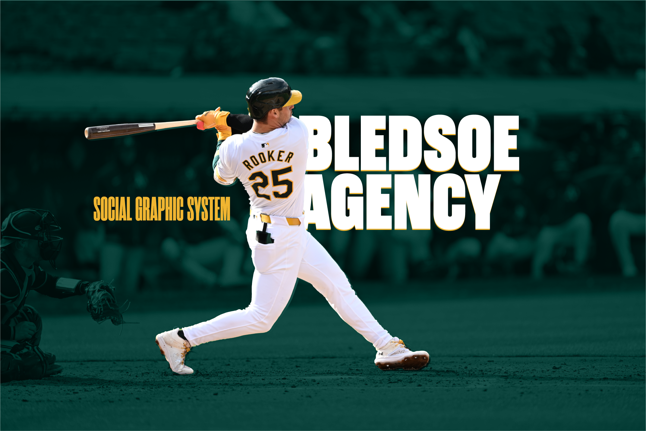 “Baseball player Brent Rooker of the Oakland Athletics mid-swing at home plate, with bold text reading ‘Bledsoe Agency Social Media’ in the background.”