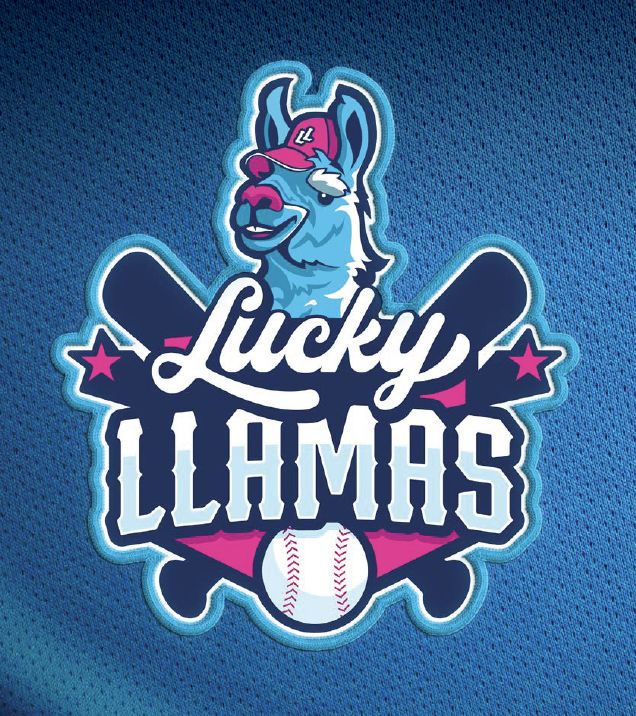 Lucky Llamas crest: a llama wearing a baseball cap over crossed bats
