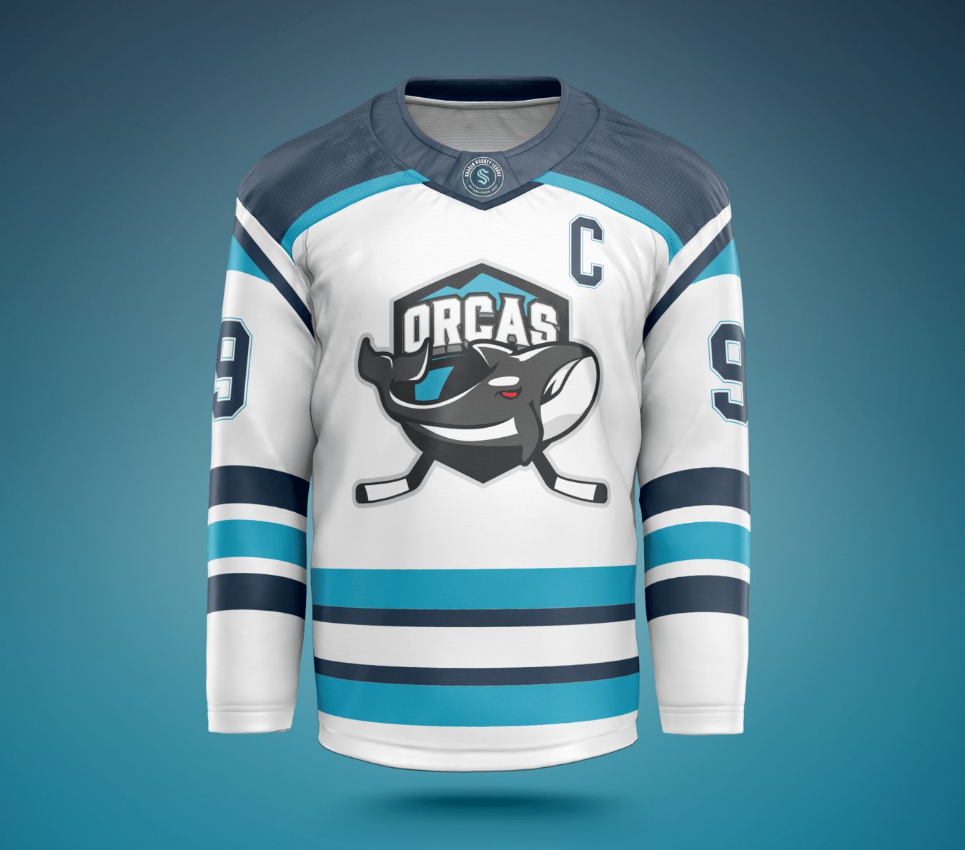 Orcas away jersey mockup, white with teal stripes