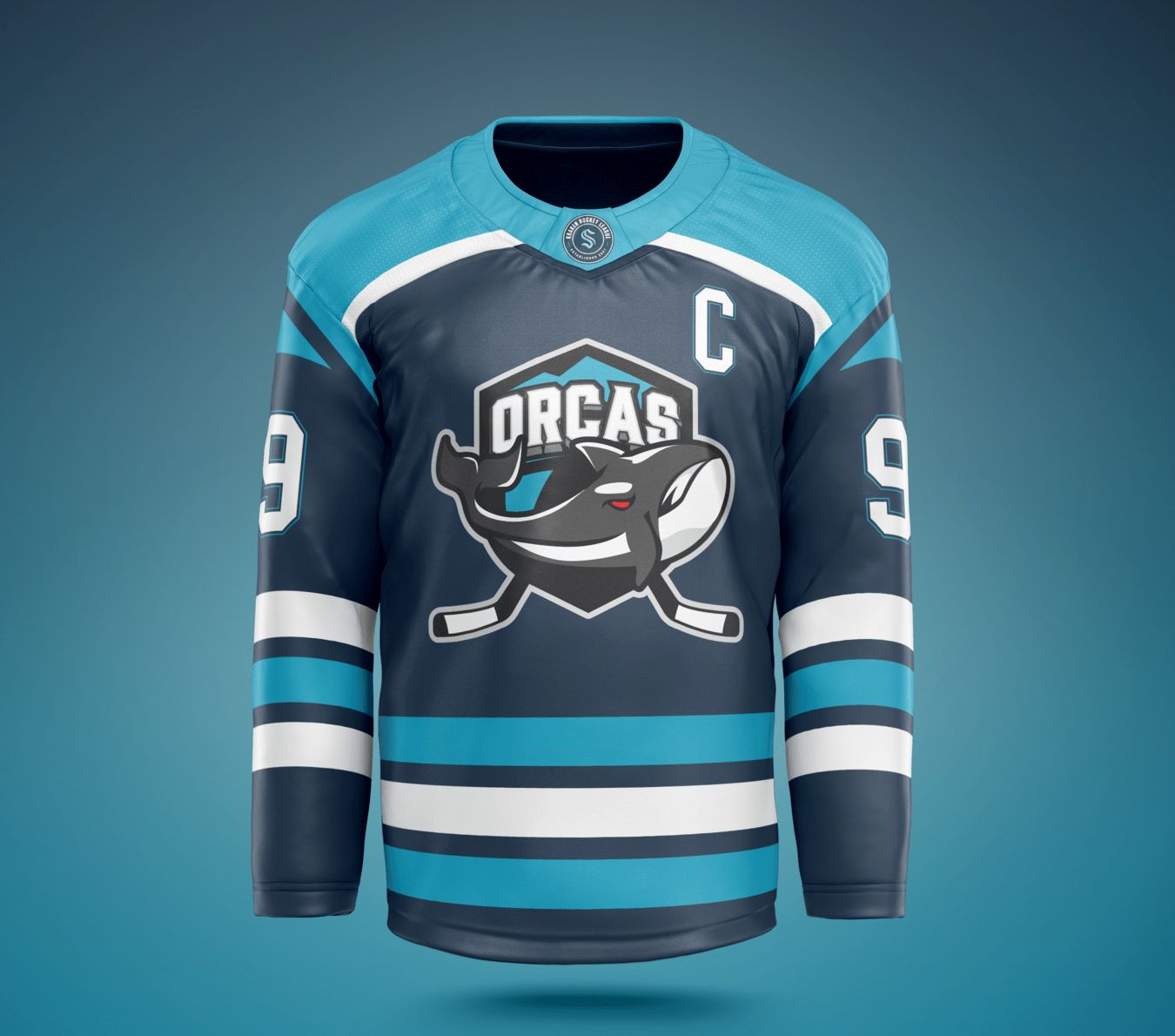 Orcas home jersey mockup, navy with teal and white stripes