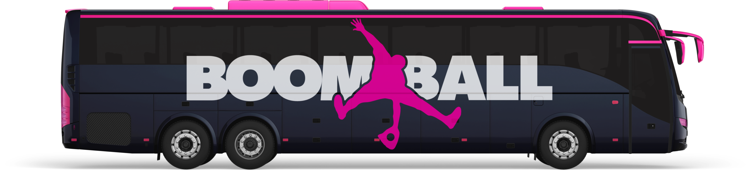 Blue and pink tour bus with "Boom Ball" printed on the side